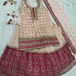 Elegant Pink and Gold Embroidered Long Lehenga 3 Piece Set